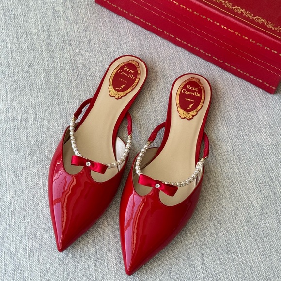 NEW René Caovilla ballerina red patent leather pointy slippers with pearls - Picture 2 of 6
